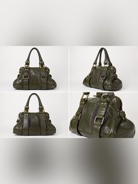 Olive Green Leather Shoulder Bag with Brass Hardware